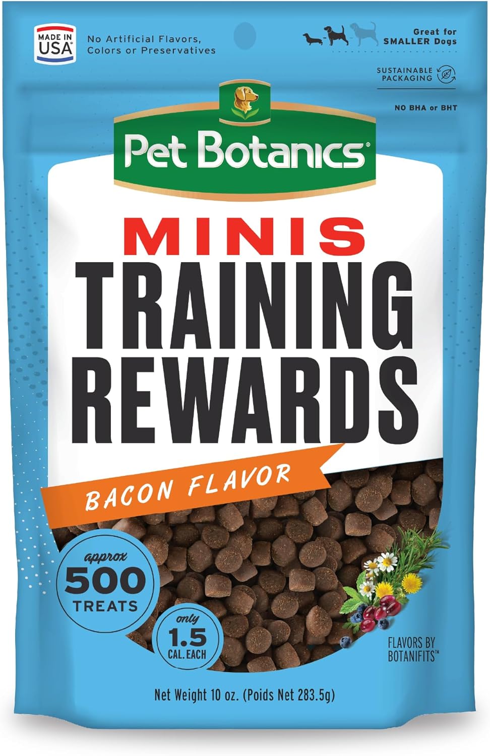 Pet Botanics 10 Oz. Pouch Training Rewards Mini Soft & Chewy, Bacon Flavor, With 500 Treats Per Bag, The Choice Of Top Trainers