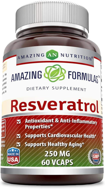 Amazing Formulas Resveratrol 250mg 60 Veggie Capsules Supplement | Non-GMO | Gluten Free | Made in USA | Ideal for Vegetarians