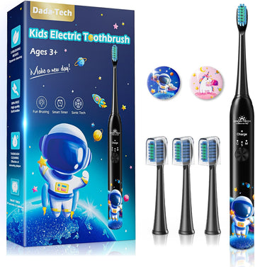 DADA-TECH Kids Electric Toothbrush Rechargeable, Soft Tooth Brush with Timer Powered by Sonic Technology for Children Boys and Girls Age 3+, Waterproof and 3 Modes (Astronaut Black)