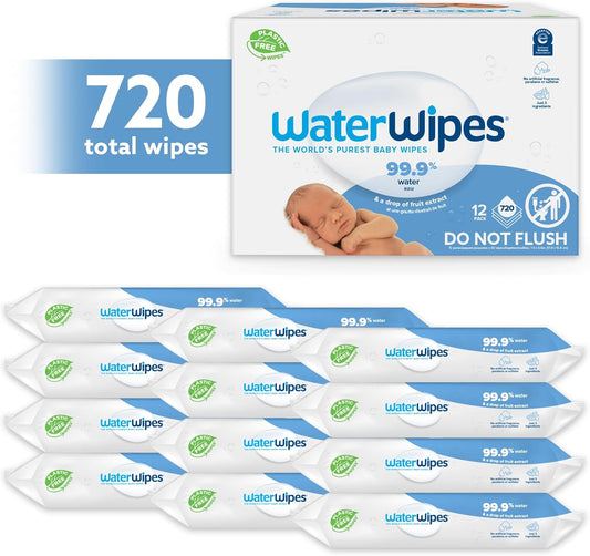 Waterwipes Plastic-Free Original Baby Wipes, 99.9% Water Based Wipes, Unscented & Hypoallergenic For Sensitive Skin, 60 Count (Pack Of 12), Packaging May Vary