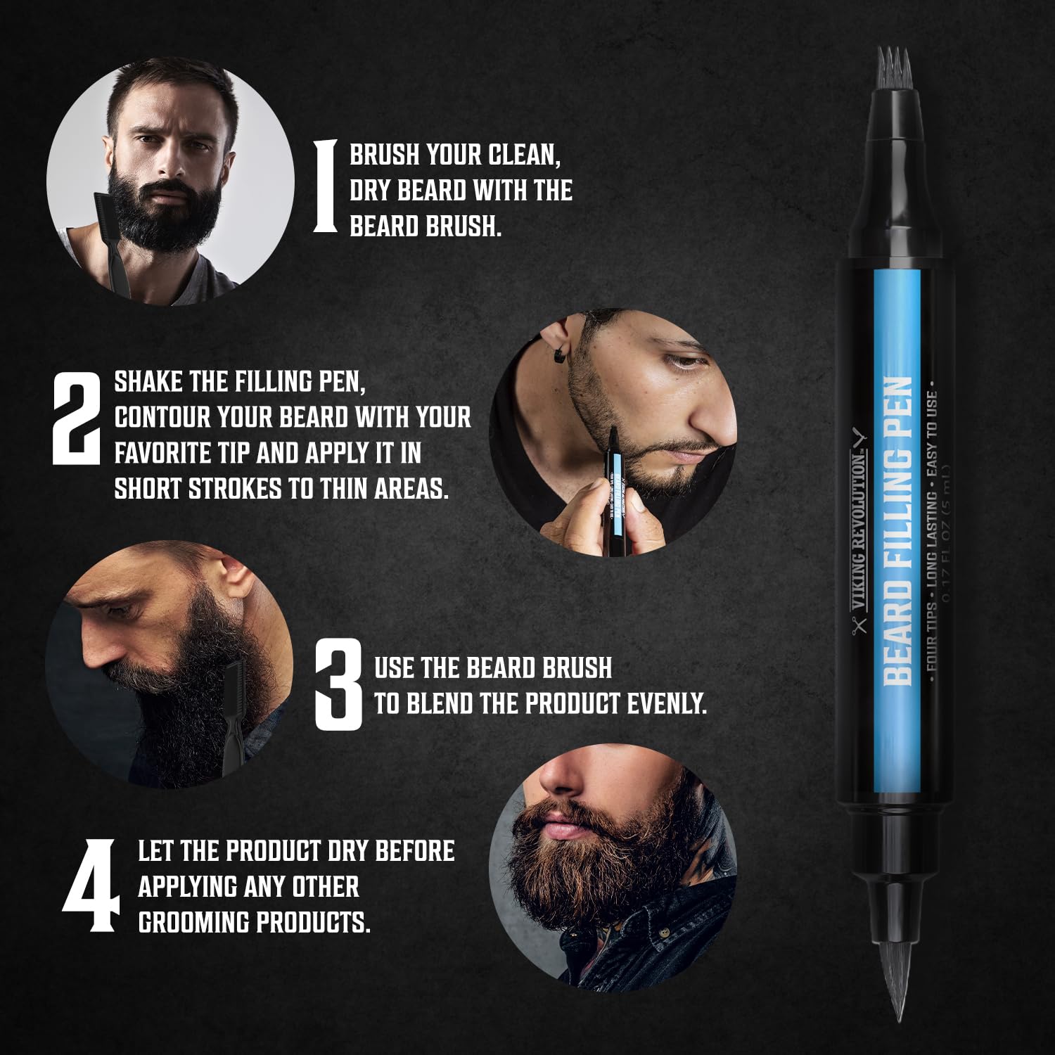 Viking Revolution Beard Pen (2 Pack) - Black Beard Pencil Filler for Men Lapiz para Barba de Hombre - Beard Filler for Men Waterproof Beard Filling Pen Kit - Long Lasting Beard Filler Pen with Brush : Beauty & Personal Care