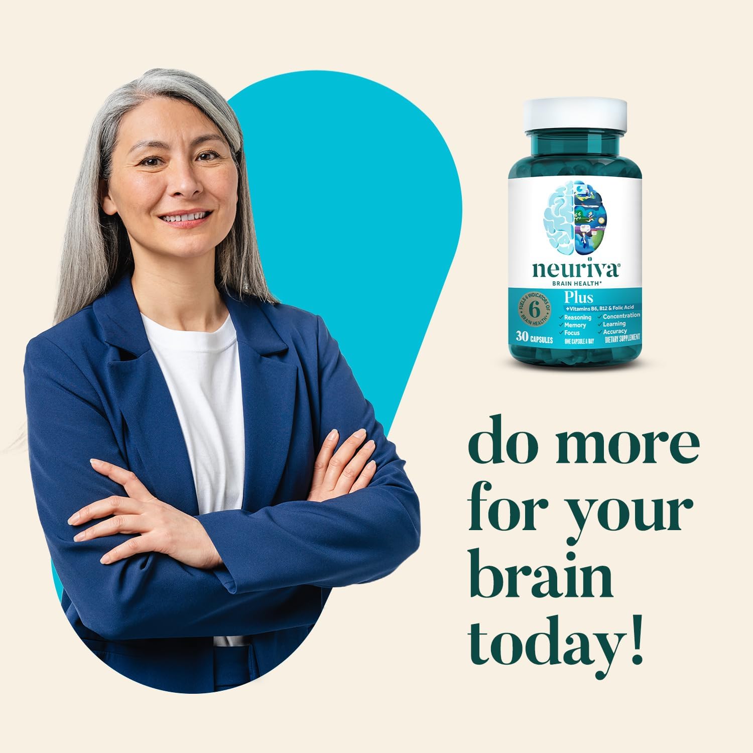 NEURIVA Plus Brain Supplement for Memory and Focus Clinically Tested Nootropics for Concentration for Mental Clarity, Cognitive Enhancement Vitamins B6, B12, Phosphatidylserine 30 Capsules : Health & Household
