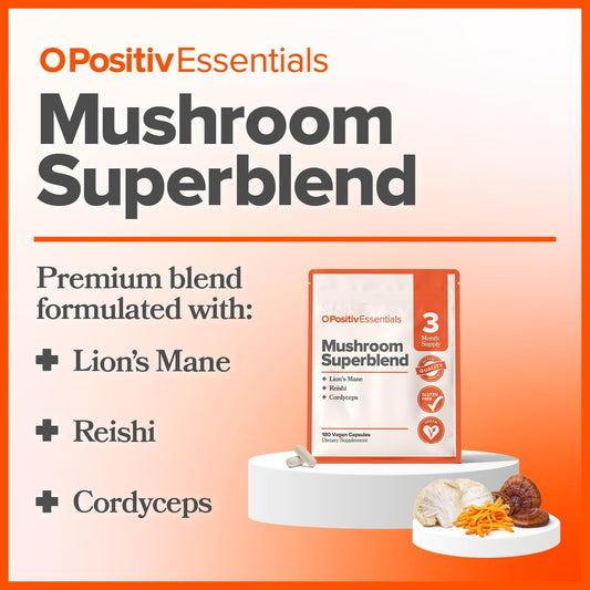 O Positiv Organic Mushroom Superblend Capsules - Mushroom Supplement Complex with Reishi, Cordyceps & Lion?s Mane - High-Density Adaptogenic Mushroom Extracts - 90 Servings, 3 Month Bulk Supply