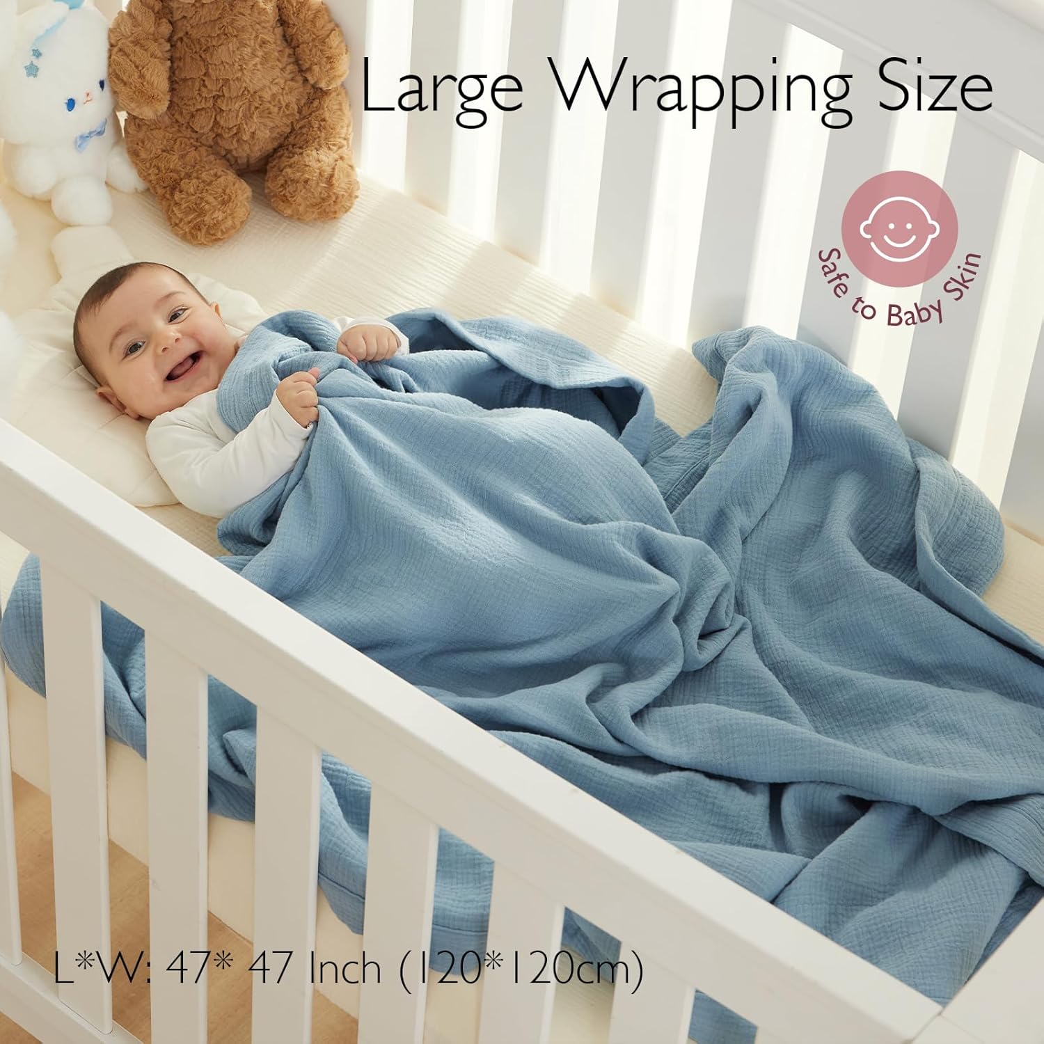 Momcozy Muslin Quilt Blanket, Soft Breathable Natural Cotton Crib Bassinet Blanket, Large 47''x47'' Neutral Boys Girls Nursery Toddler Bed Blanket, Baby Swaddle Receiving Blanket, 6-Layer, Blue