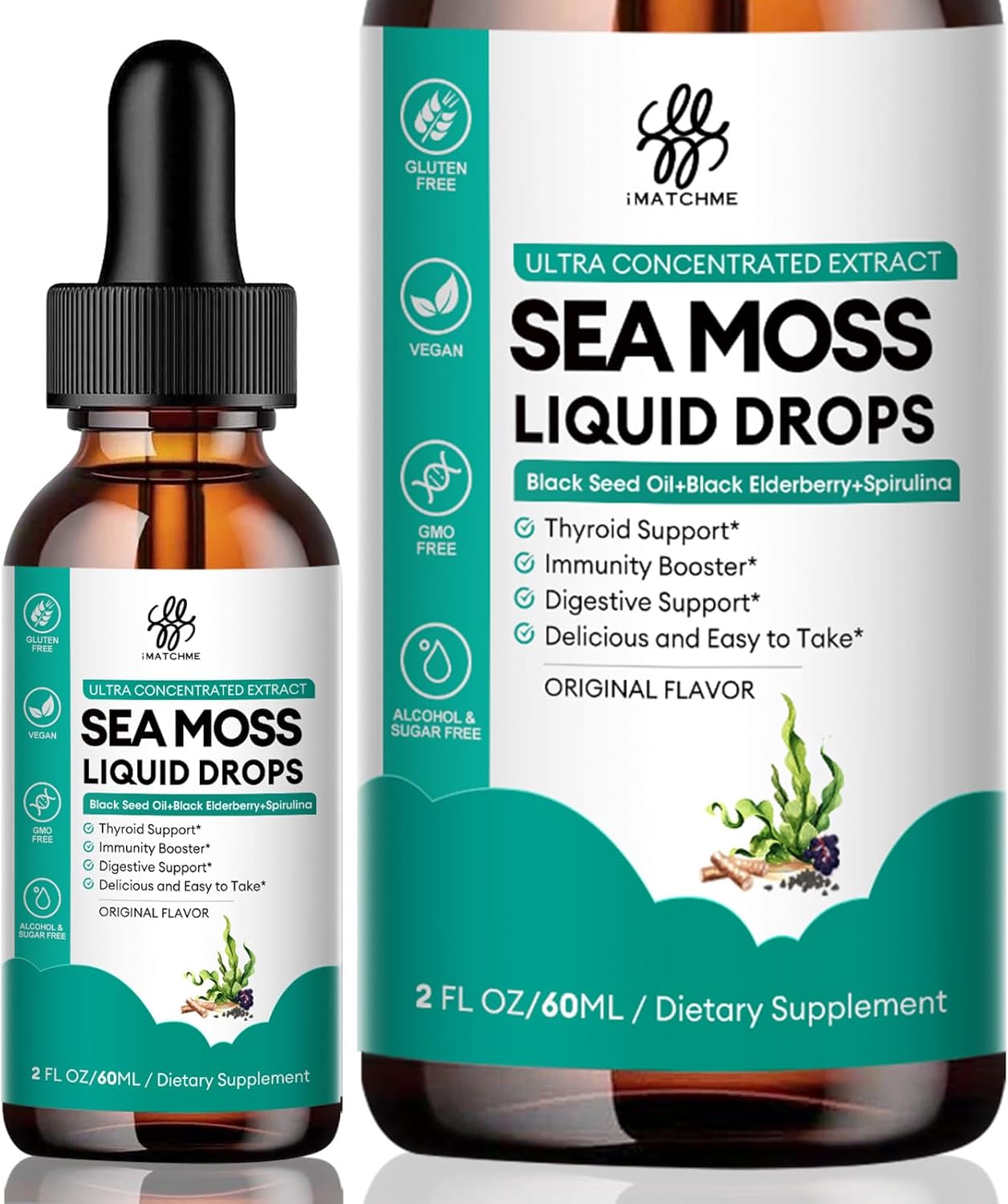 Sea Moss Liquid Drops For Immune System, Gut, Skin & Energy, Irish Sea Moss With Black Seed Oil, Spirulina, Black Elderberry, Burdock Root, Bladderwrack, Original Flavor, 2 Fl Oz