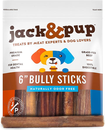 Jack&Pup Premium 6 Inch Thick Bully Sticks for Medium Dogs, Dog Bully Sticks for Small Dogs -6" Bully Sticks for Puppies Natural Bully Sticks Odor Free Long Lasting Dog Chews, Beef Bully Stick (40 pk)