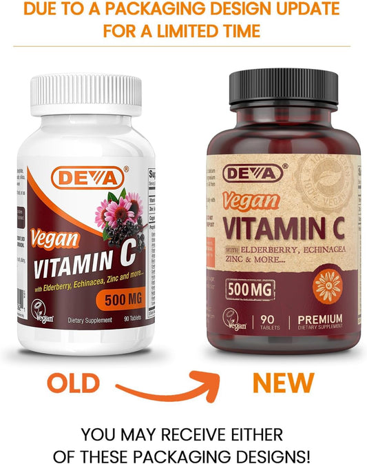 Deva Vegan Vitamin C, 500 Mg With Elderberry, Echinacea, Zinc & More, Vegan & No Animal Ingredients, 90 Tablets, 1-Pack
