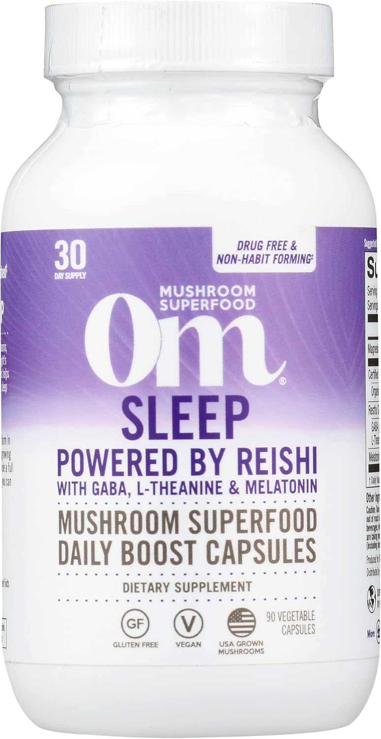 Om Mushroom Superfood Sleep Mushroom Capsules Superfood Supplement, Reishi, GABA, L-Theanine, Melatonin for Rest & Sleep, Quality Superfood Supplement, 30 Days, 90 Capsules