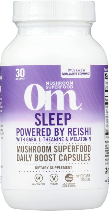Om Mushroom Superfood Sleep Mushroom Capsules Superfood Supplement, Reishi, GABA, L-Theanine, Melatonin for Rest & Sleep, Quality Superfood Supplement, 30 Days, 90 Capsules