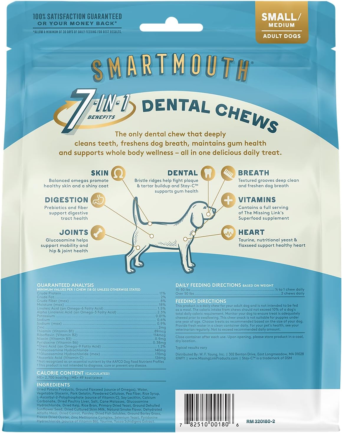 The Missing Link Smartmouth Vet Developed Dental Chew Treats, 7-in-1 Benefits: Healthy Teeth & Gums, Breath, Skin, Joints, Digestion, Heart, Immune System – Small/Medium 15-50lb Dogs, 28 Ct : Pet Supplies