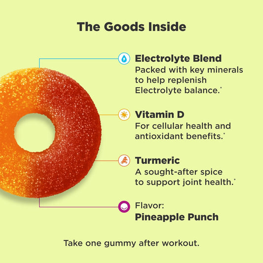 Olly Post-Game Recover Workout Gummy Rings, Vitamin D, Turmeric, Electrolytes, Pineapple Punch Flavor - 25 Count