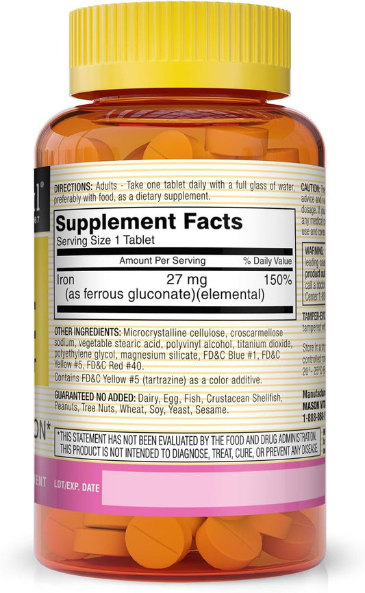 Mason Natural Ferrous Gluconate - Supports Red Blood Cell Formation, Gentle on Stomach Iron Supplement, 100 Tablets