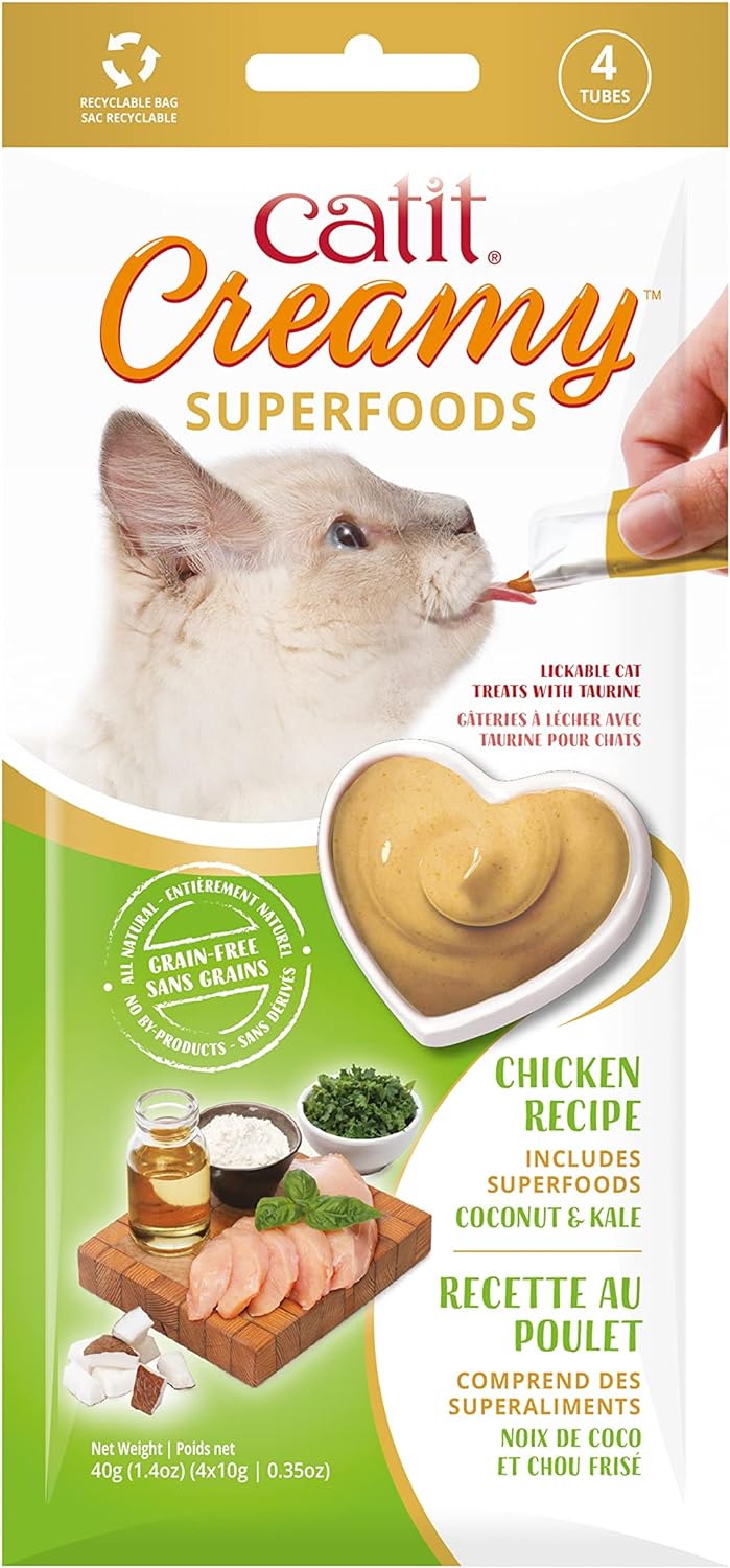 Catit Creamy Superfood Lickable Cat Treat – Hydrating And Healthy Treat For Cats Of All Ages - Chicken With Coconut & Kale, 4-Pack