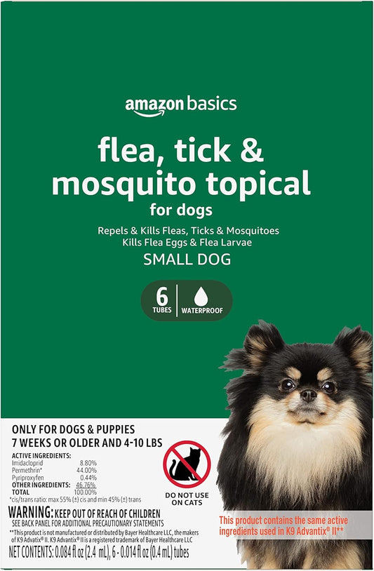 Amazon Basics Flea, Tick & Mosquito Topical Treatment For Small Dogs (4-10 Pounds), 6 Count (Previously Solimo)