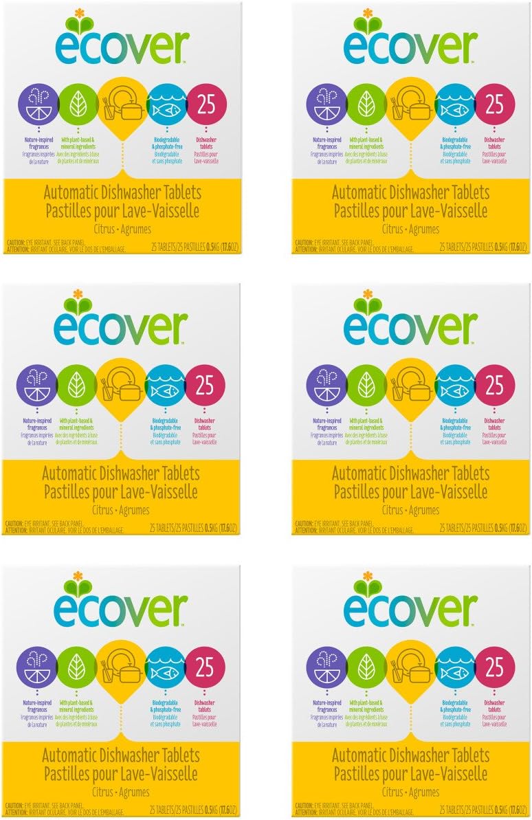 Ecover Automatic Dishwasher Soap Tablets, Citrus, 25 Count (Pack Of 6) - Packaging May Vary