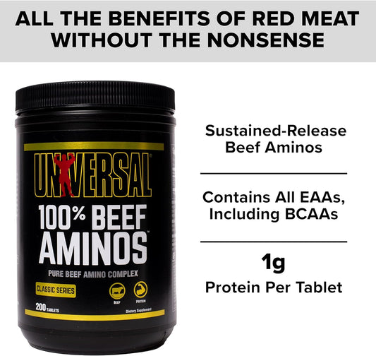 Universal Nutrition - 100% Beef Aminos -3g of Beef Protein Isolate for Recovery and Growth - 200 Tabs