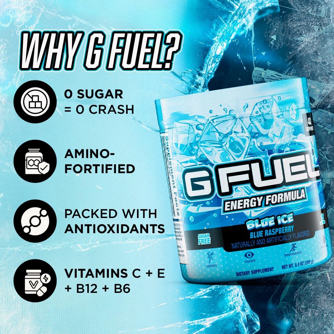 G Fuel Blue Ice Energy Drink Powder, Pre Workout Caffeine Mix For Gaming, Sugar Free Focus Amino, Vitamin + Antioxidants, 9.9Oz (Blue Raspberry, 40 Servings) : Health & Household