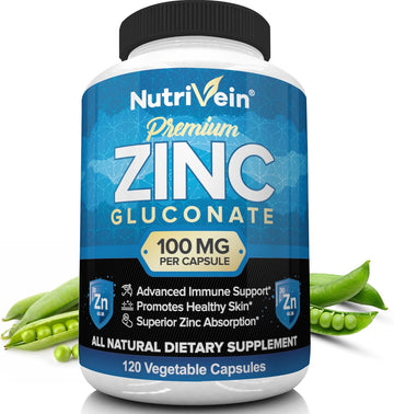 Nutrivein Premium Zinc Gluconate 100Mg - 120 Capsules - Immunity Defense Boosts Immune System & Powerful Antioxidant - Promotes Healthy Skin And Acne Defense - Essential Elements For Absorption