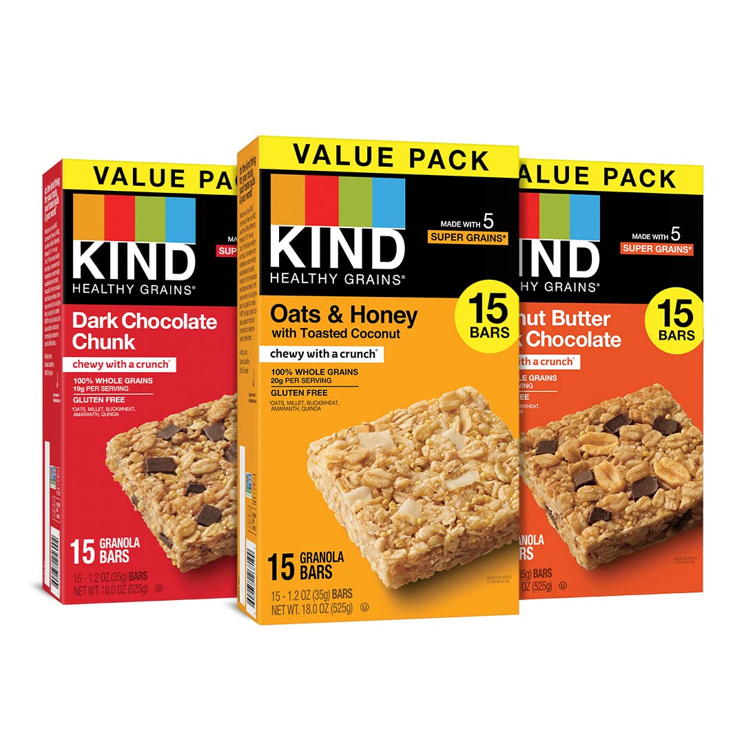 Kind Healthy Grains Bars, Variety Pack, Dark Chocolate Chunk, Oats & Honey, Peanut Butter Snacks, Gluten Free, 45 Count