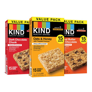 Kind Healthy Grains Bars, Variety Pack, Dark Chocolate Chunk, Oats & Honey, Peanut Butter Snacks, Gluten Free, 45 Count