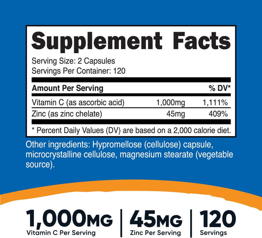 Nutricost Vitamin C With Zinc Supplement Capsules, 120 Servings - 1000Mg Vitamin C, 45Mg Zinc, Non-Gmo, Gluten Free