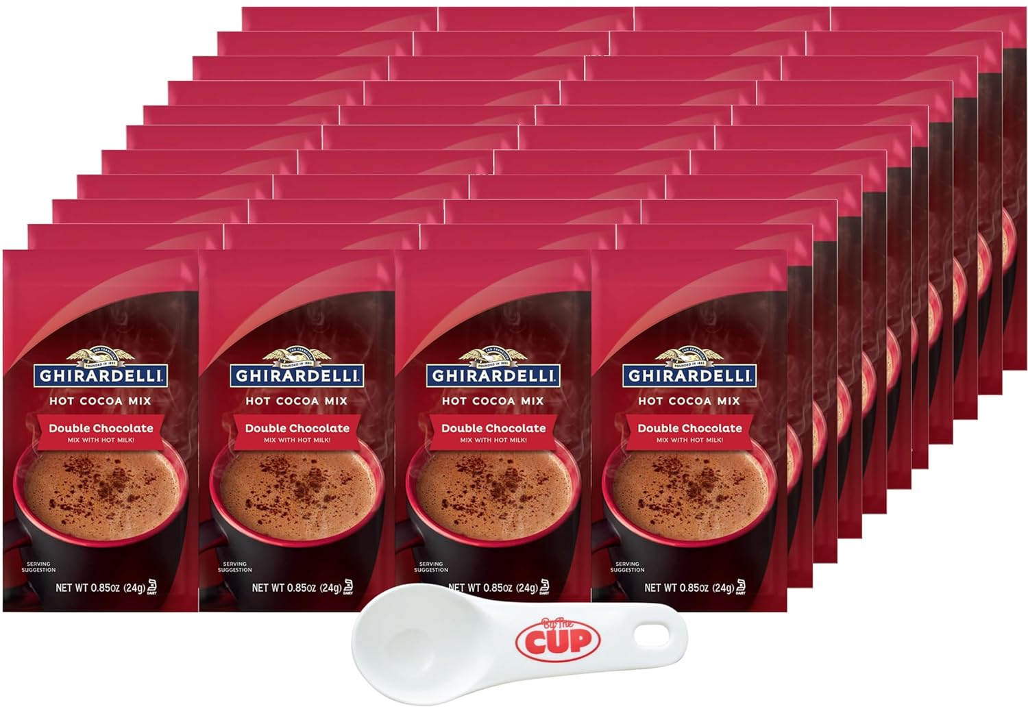 Ghirardelli Double Chocolate Hot Cocoa Mix, 3 Pound Box, (Approximately 43) 0.85 oz Packets with By The Cup Cocoa Scoop