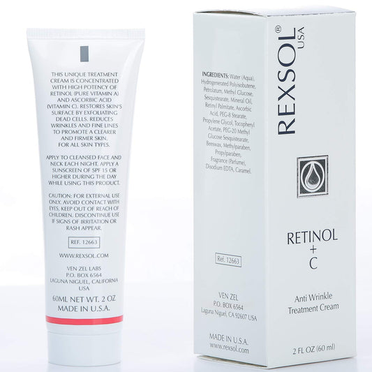 Rexsol Retinol + Vitamin C Anti-Aging Cream | Effective Night Face Care & Dark Spot Remover | Anti-Aging Neck Cream & Wrinkle Cream That Truly Works | Infused With Vitamin E, A - 2 Oz