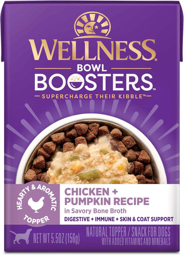 Wellness Bowl Boosters Hearty Toppers, Chicken & Pumpkin Recipe In Savory Bone Broth Dog Food Toppers, 5.5 Ounce Pouch (Pack Of 12)