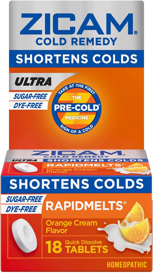 Zicam Ultra Cold Remedy Zinc Rapidmelts, Orange Cream Flavor, Homeopathic, Cold Shortening Medicine, Shortens Cold Duration, Sugar-Free, Dye-Free, 18 Count