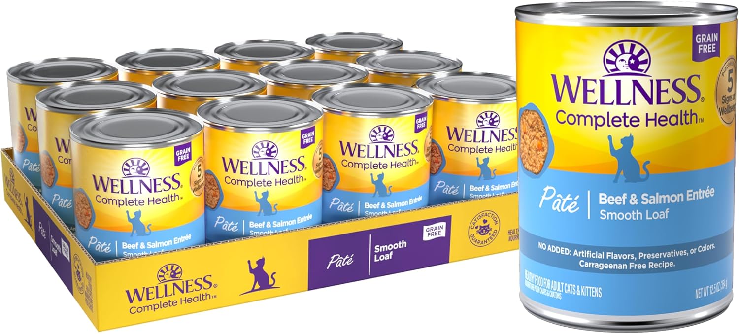 Wellness Complete Health Grain-Free Wet Canned Cat Food, Natural Ingredients, Made With Real Meat, All Breeds, Smooth Pate (Beef & Salmon, 12.5-Ounce Can, Pack Of 12)