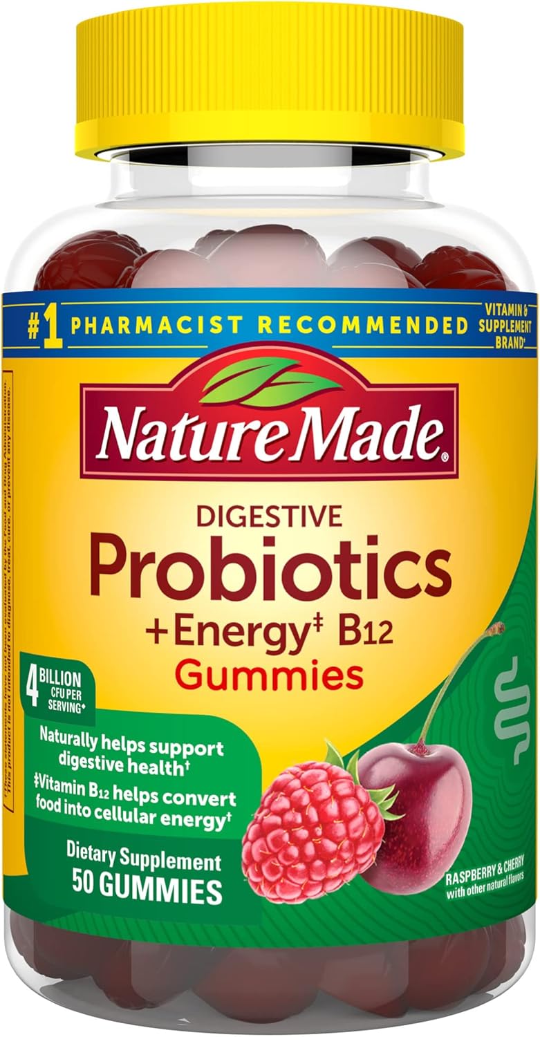 Nature Made Digestive Probiotics And Energy B12 Gummies, Dietary Supplement For Digestive Health Support, 50 Probiotic Gummies, 25 Day Supply