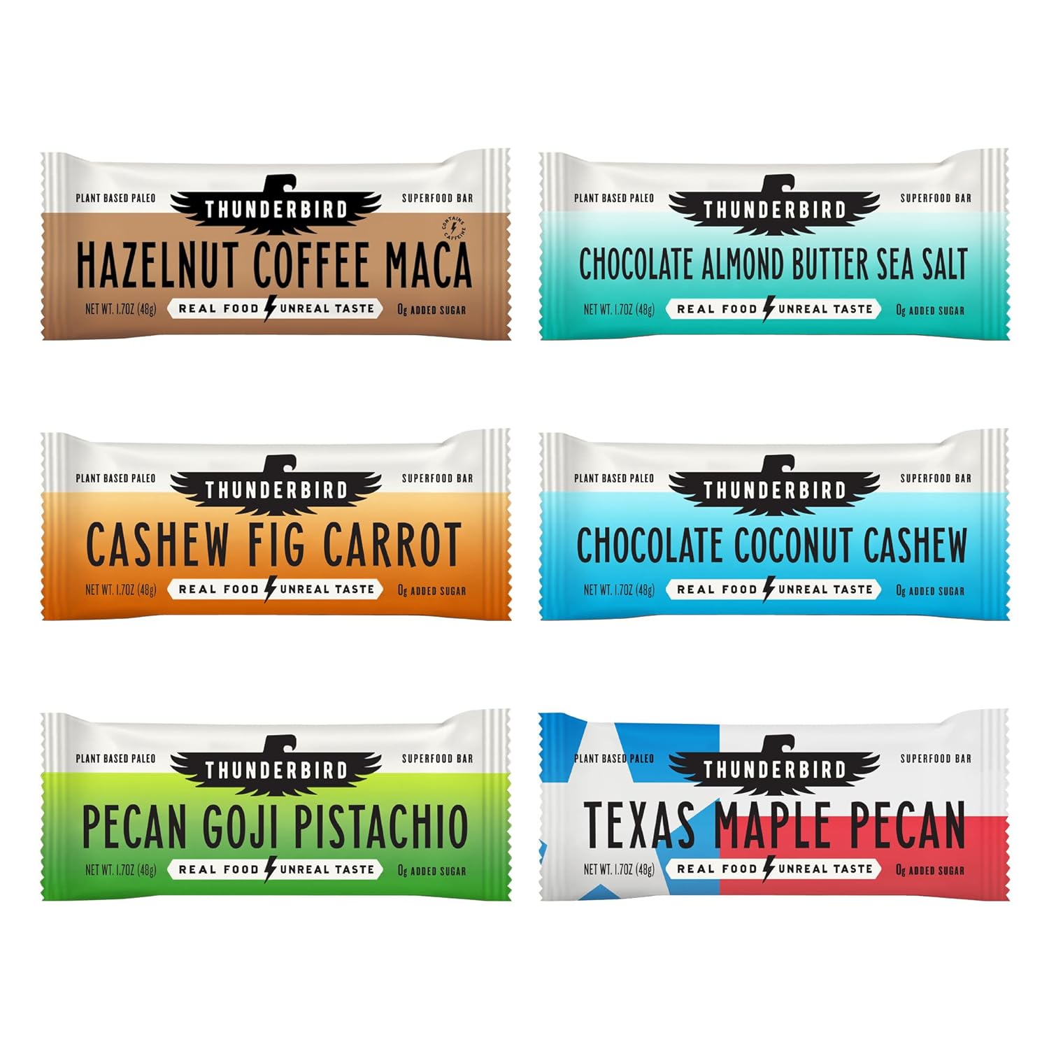 Thunderbird Bars Energy Snack, Gluten-Free With Protein, Healthy Real Food, Vegan Paleo Non-Gmo, No Added Sugar, Variety Flavor Pack (6 Count, 2 Of Each Flavor, 1.7 Oz. Bars)