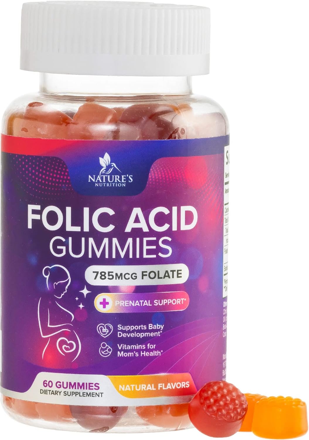 Folic Acid Gummies For Women 785 Mcg, Essential Prenatal Vitamins For Mom & Baby, Vegan Folic Supplement Gummy, Vitamin B9 Chewable Extra Strength Folate, Before During After Pregnancy