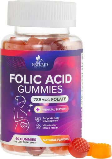 Folic Acid Gummies For Women 785 Mcg, Essential Prenatal Vitamins For Mom & Baby, Vegan Folic Supplement Gummy, Vitamin B9 Chewable Extra Strength Folate, Before During After Pregnancy
