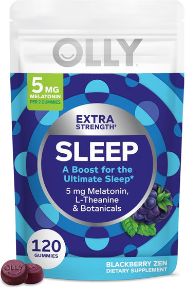 Olly Extra Strength Sleep Gummy, Occasional Sleep Support, 5 Mg Melatonin, L-Theanine, Chamomile, Lemon Balm Extracts, Sleep Aid, Blackberry Flavor - 120 Count (Packaging May Vary)