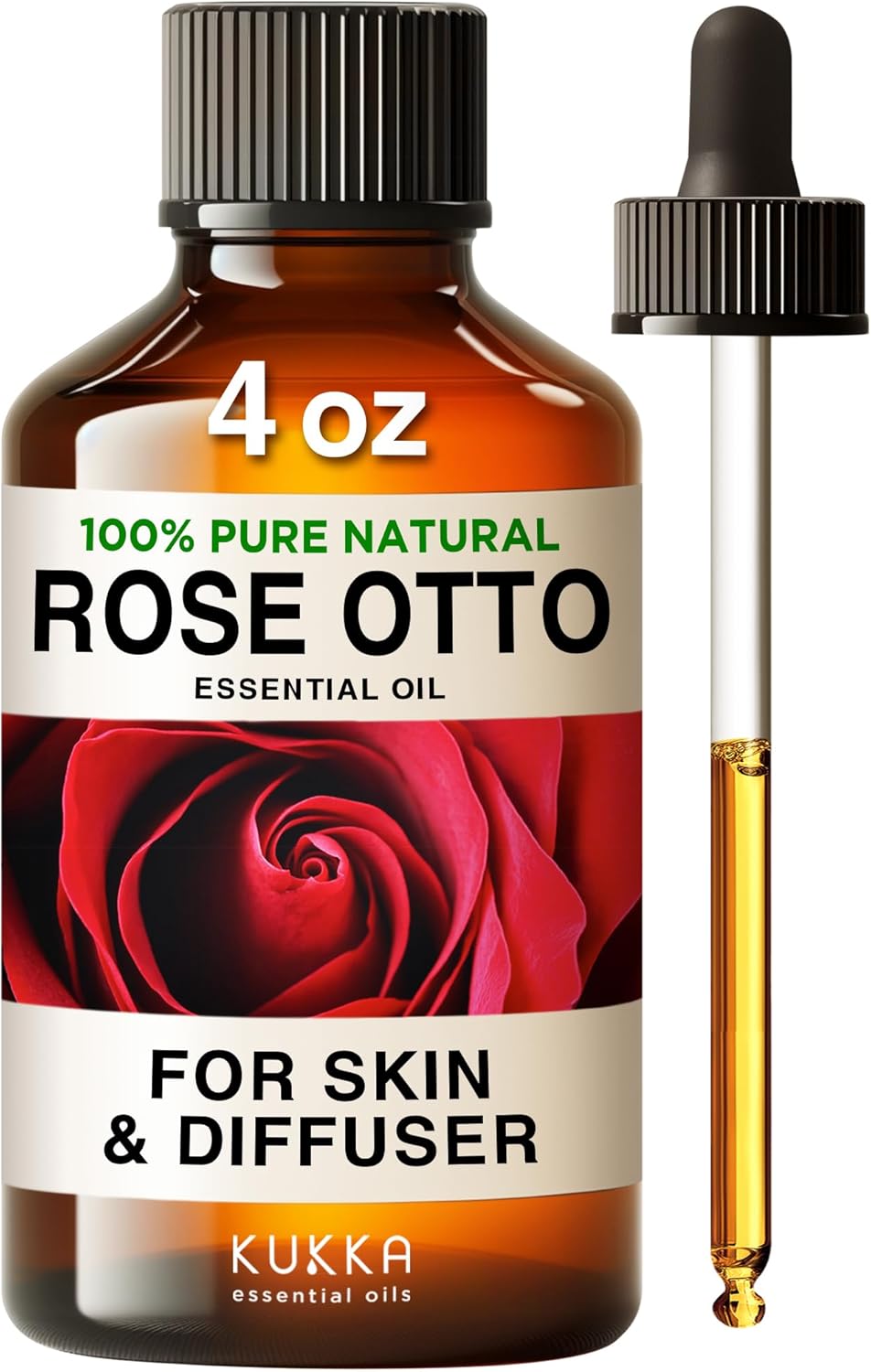 Kukka Rose Essential Oils For Skin Use & Aromatherapy - 100% Natural Rose Oil For Face - Rose Oil Essential Oil For Diffuser Skin Face Hair & Soap Making Scent & Perfume (4 Fl Oz)