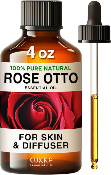 Kukka Rose Essential Oils For Skin Use & Aromatherapy - 100% Natural Rose Oil For Face - Rose Oil Essential Oil For Diffuser Skin Face Hair & Soap Making Scent & Perfume (4 Fl Oz)