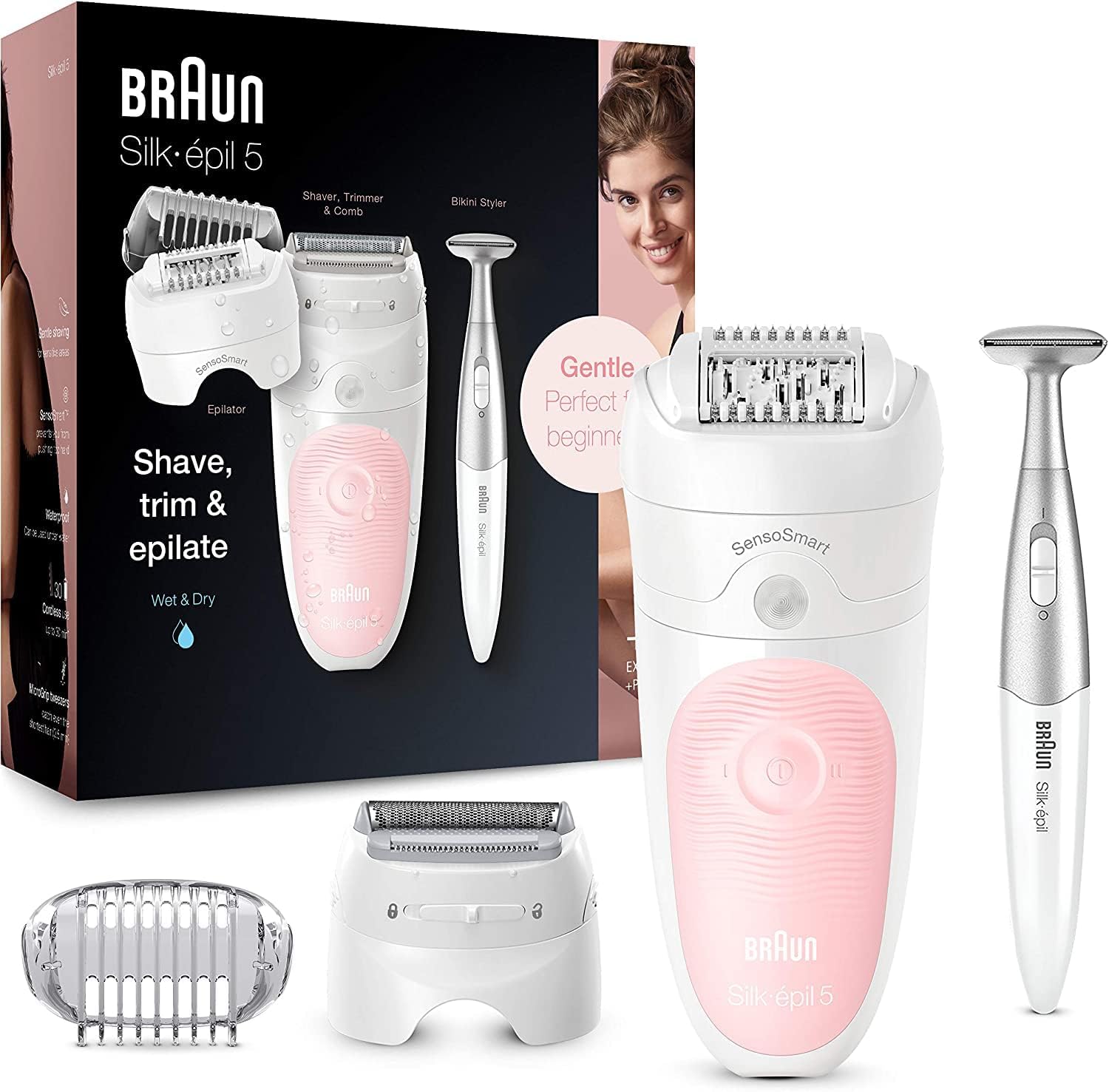 Braun Silk-Épil 5 Epilator For Hair Removal, 3 In 1, Includes Shaver & Trimmer Head, Cordless, Gentle Hair Removal Setting, Wet & Dry, 100% Waterproof, 2 Pin Bathroom Plug, 5-820, White/Pink
