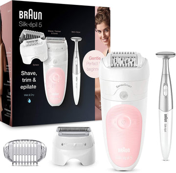 Braun Silk-Épil 5 Epilator For Hair Removal, 3 In 1, Includes Shaver & Trimmer Head, Cordless, Gentle Hair Removal Setting, Wet & Dry, 100% Waterproof, 2 Pin Bathroom Plug, 5-820, White/Pink