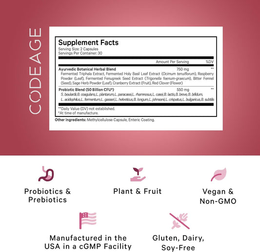 Codeage Women’S Probiotics Supplement - 50 Billion Cfus - Sbo Probiotics & Prebiotics - Cranberries - Feminine Health - Fermented Botanical Blend, Whole Food Supplement - Vegan, Non-Gmo - 60 Capsules