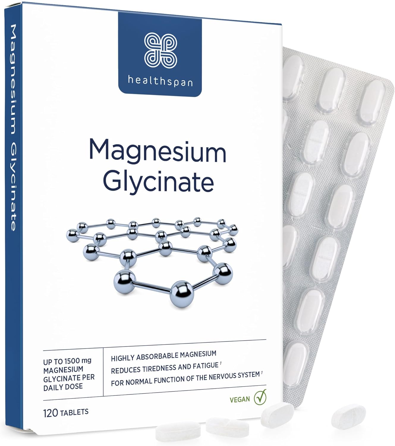 Healthspan Magnesium Glycinate 1500Mg (120 Tablets) | Unwind At Bedtime | Reduces Tiredness & Fatigue | Maintains Normal Muscle & Psychological Function | Gentle On Your Stomach | Vegan