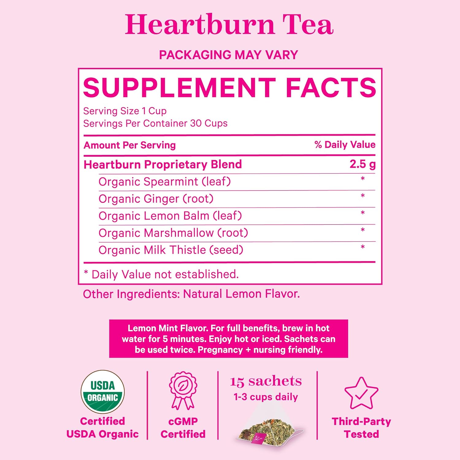 Pink Stork Heartburn Tea: Lemon Mint, 100% Organic, Heartburn Pregnancy Relief + Reduce Indigestion + Acid Reflux, Women-Owned, 30 Cups, Packaging May Vary : Health & Household