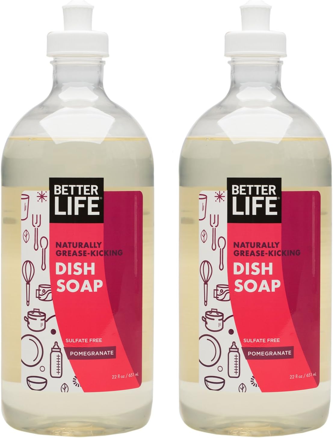 Better Life Dish Soap - Liquid Dishwashing Soap With Vitamin E And Aloe For Home & Kitchen Sink - No Gloves Required Kitchen Soap For Sensitive Skin - 22Oz (Pack Of 2) Pomegranate