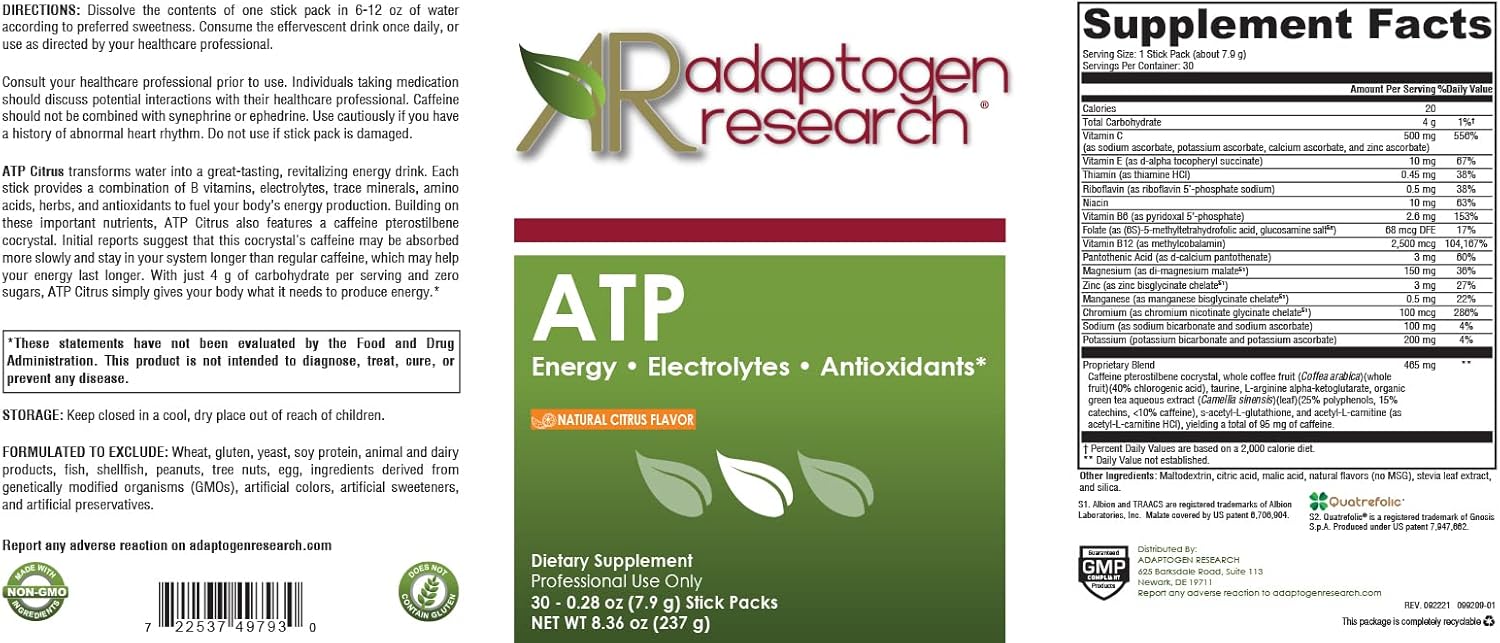 Atp Natural Citrus Flavor | Energy Electrolytes Antioxidants Drink | With Purenergy Blend, Quatrefolic, Methylcobalamin, Vitamins, Trace Minerals | 30 Stick Pack (8.6G)