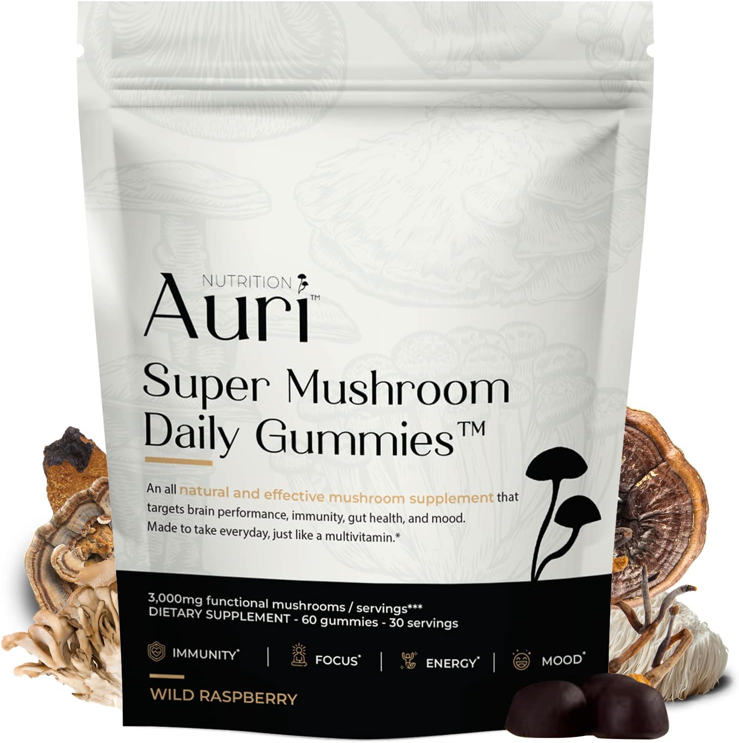 Auri Super Mushroom Daily Gummies - All-In-One Daily Mushroom Supplement Gummy - 12 Mushroom Blend With Chaga, Lions Mane, Reishi, Cordyceps - 60 Gummies