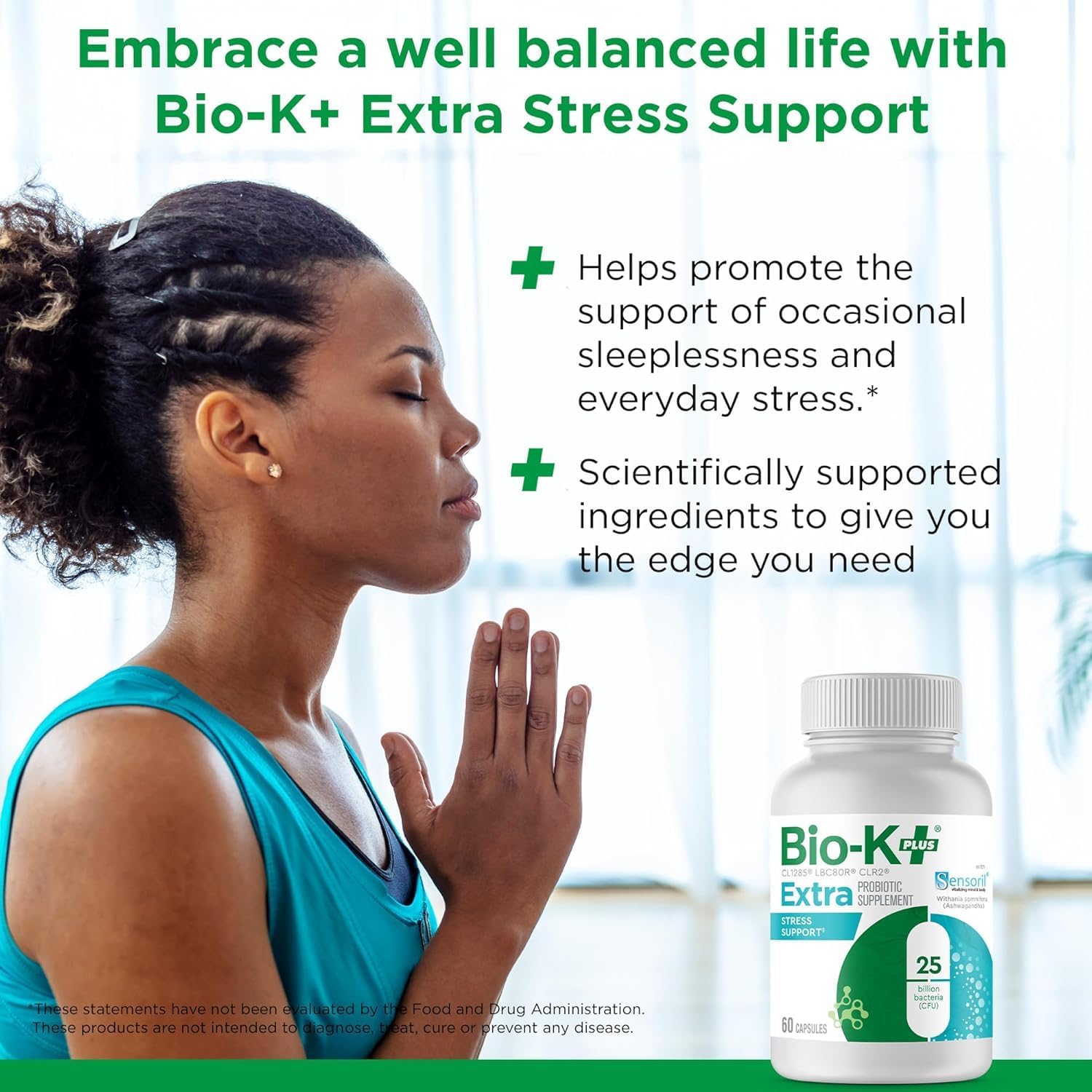 Bio K+ Extra Stress Support With Sensoril - Ashwagandha – Vegan Probiotics Supplement For Everyday Stress, Supports Sleep - 25 Billion Cfu 3 Strains – 60 Capsules : Health & Household