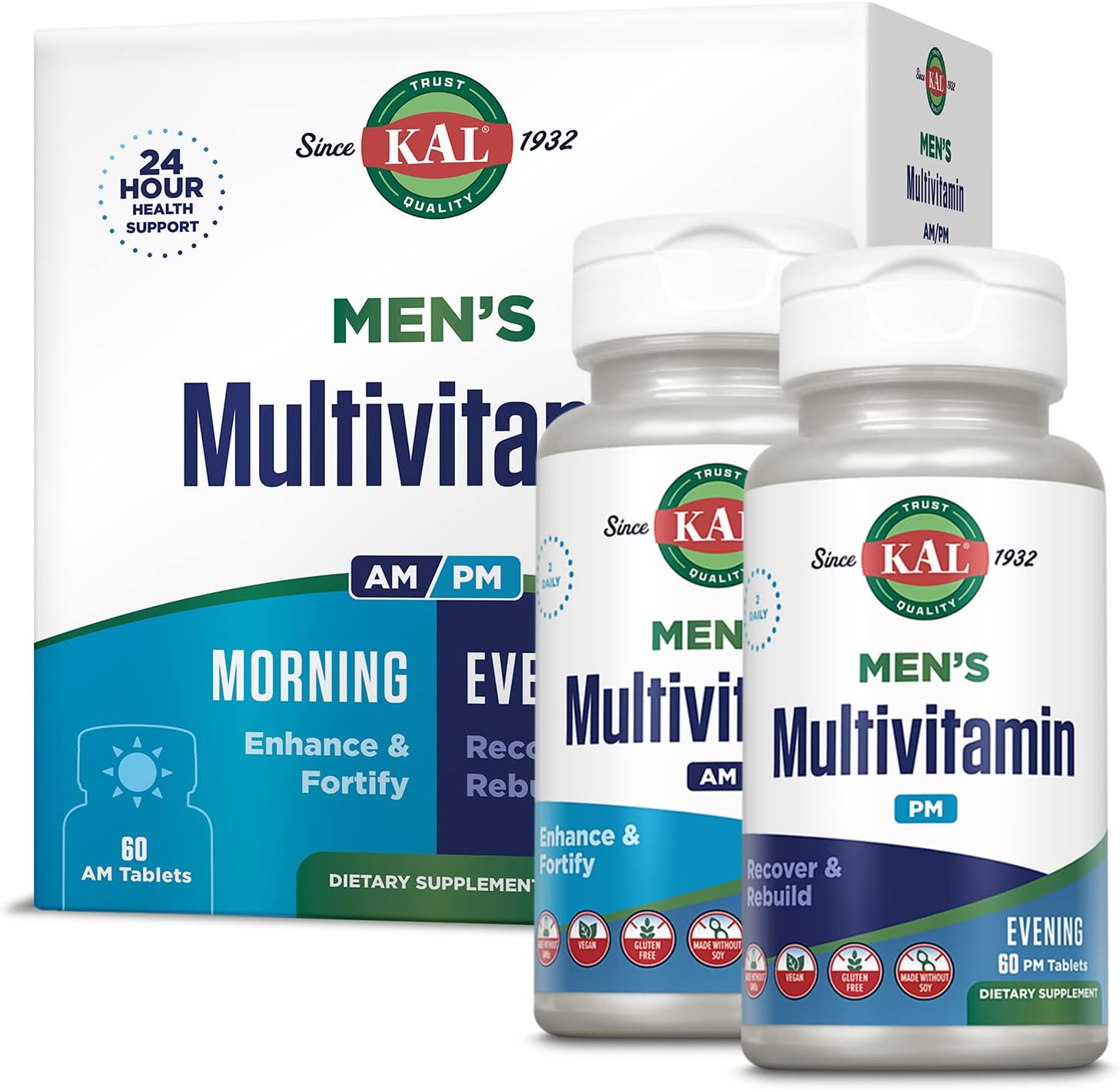 KAL Men's Multivitamin AM/PM, Antioxidants Supplement, Muscle, Immune, Electrolyte Balance, Overall Wellness Support, Made Without GMOs and Soy, Vegan, 30 Servings, 120 Tablets