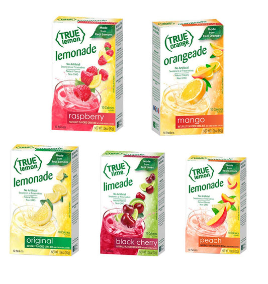 True Lime 7 Flavor Variety Pack: Watermelon Aqua Fresca, Limeade, Original Lemonade, Peach, Black Cherry, Raspberry & Mango Orange. True Citrus Assorted Beverage Pack: (7 Boxes), Red