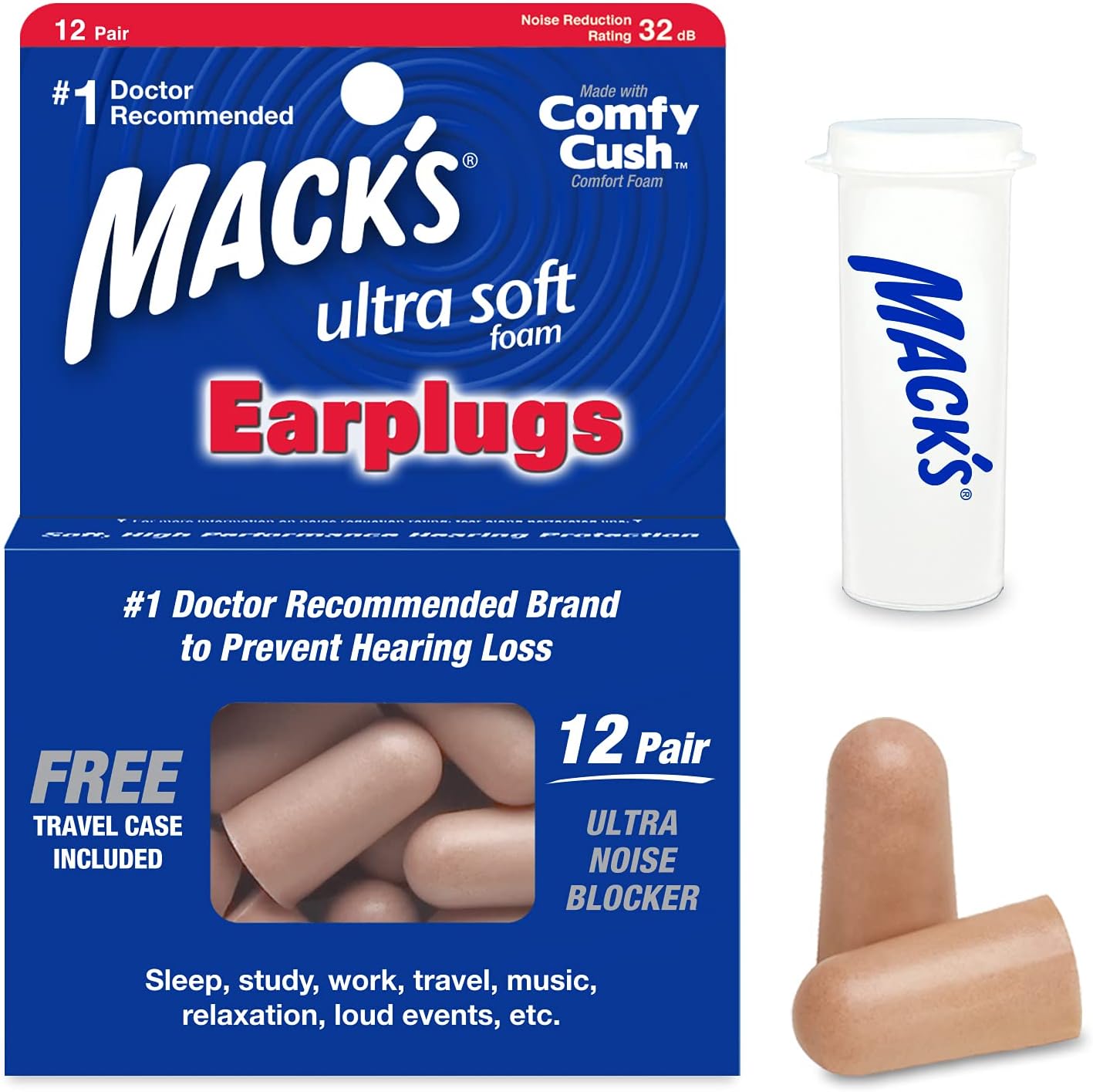 Mack's Ultra Soft Foam Earplugs, 12 Pair - 32dB Highest NRR, Comfortable Ear Plugs for Sleeping, Snoring, Travel, Concerts, Studying, Loud Noise, Work | Made in USA