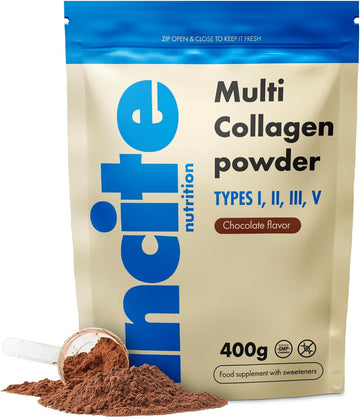 Incite Nutrition Chocolate Flavoured Multi Collagen Powder 400G Source Of Collagen Type 1 2 3 And 5. Essential Nutritional Supplement For Skin, Joints, Bones, Hair, Nails, And Muscle Recovery